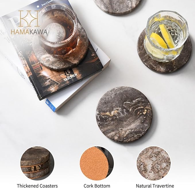 Natural Travertine Marble Coasters Set of 4, Round Gray Stone 4 Inch, Modern Drink Coasters for Home Decor, Coffee Table, Office