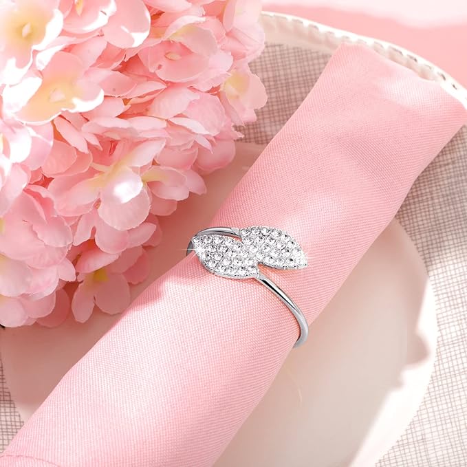 Hotop 250 Pcs Silver Holiday Napkin Rings Set Silver Bling Winter Napkin Rings Bulk Metal Leaves Holders Rhinestone Buckle for Wedding Christmas Dinner Gather Party Prom Table Decoration