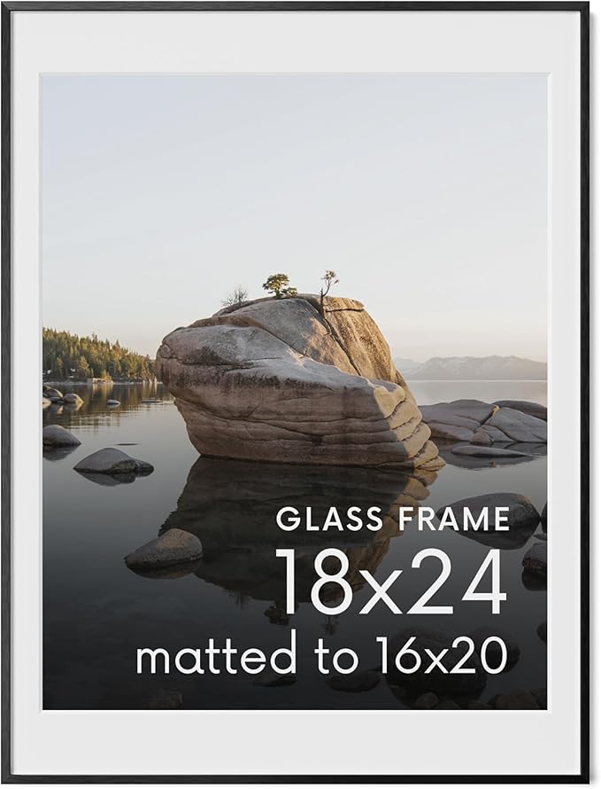 HAUS AND HUES 18x24 Picture Frame with Real Glass & Black Premium-Grade Metal Matted to 16x20 - Aluminum 18x24 Frame - Includes Hanging Kit - Ideal for Home, Office (18x24 in, Black)