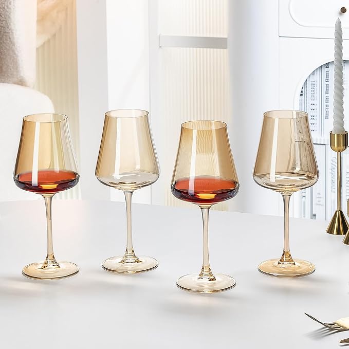 PTSTING Wine Glasses Set of 4 Amber Wine Glass 14oz Glassware for Tasting,Wedding,Anniversary,Christmas, Birthday