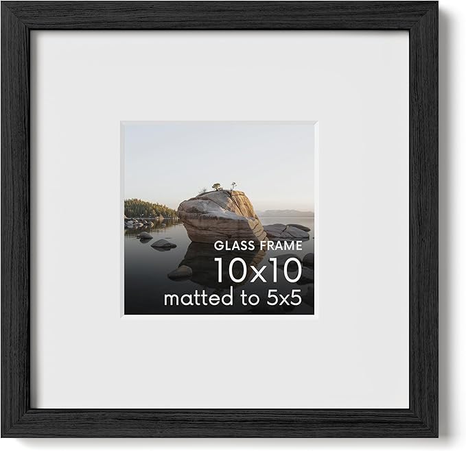Haus and Hues 10x10 Picture Frame with Real Glass and Black American Oak Matted to 5x5 - Oak 10x10 Frame With Mat - Includes Vertical & Horizontal Hang - Ideal for Home, Room, Office (10x10 in, Black)