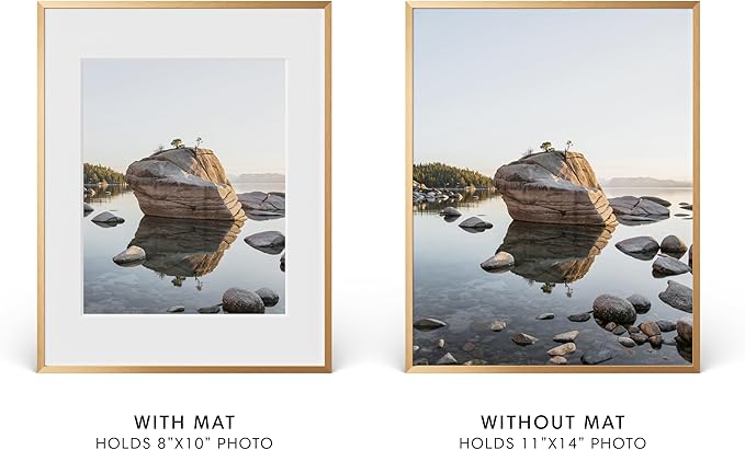 HAUS AND HUES 11x14 Picture Frame with Real Glass & Brass Premium-Grade Metal Matted to 8x10 - Aluminum 11x14 Picture Frame - Includes Hanging Kit - Ideal for Home, Office (11x14 in, Brass)