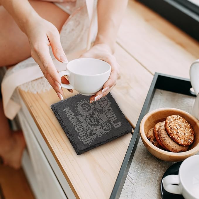 16 Pack Stone Coaster Set with Metal Stand 4-inch Square Laser-Engraved Black Stone Coasters with Protective Pads on The Bottom Ideal for Home,bar, and Gift Occasions (Weddings, housewarmings)