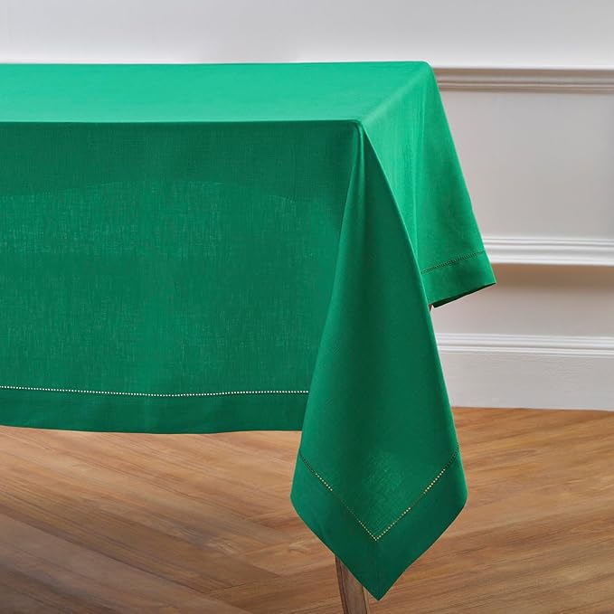 Solino Home Linen Tablecloth 60 x 108 Inch - Classic Hemstitch 100% Pure Linen Emerald Green Table Cloth for Rectangle Tables - Machine Washable Tablecloth for St Patricks Day