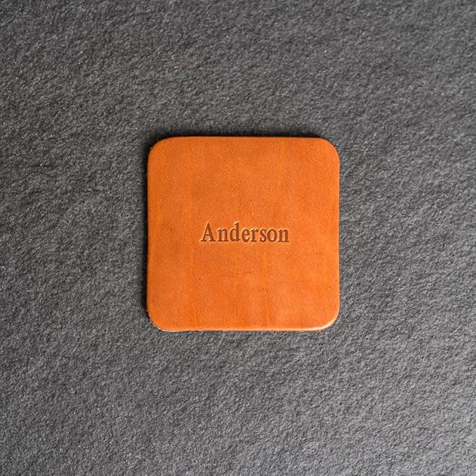 Ox & Pine Personalized Leather Coaster - Sold Individually or in Sets of 4 - Customize Inscription - 100% Full-Grain Leather – 4" Round or 4" Square (Square, Sienna, 1 Individual Coaster)