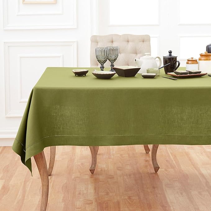 Solino Home Linen Avocado Green Tablecloth 60 x 108 Inch - Classic Hemstitch, 100% Pure Linen Rectangular Tablecloth - Machine Washable Table Cloth for Winter, Spring, Easter, St Patricks Day