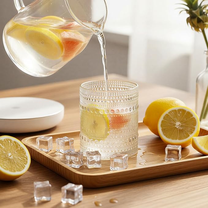 Moretoes Cocktail Glasses 10 oz Hobnail Drinking Glasses Set of 6, Vintage Glassware, Textured Glass Cups Bubble Glasses Water Glasses Old Fashion Jupiter Glasses Set (Clear)
