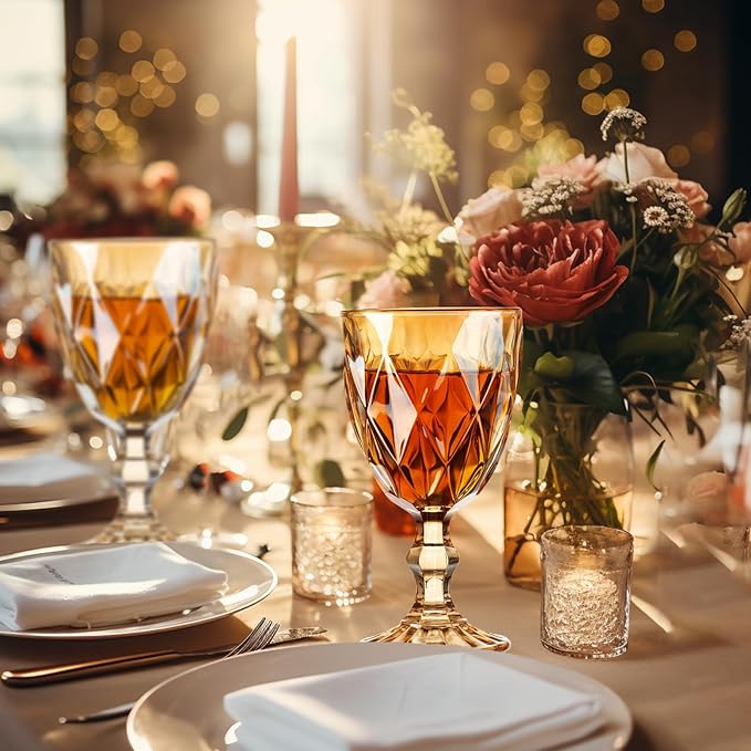 12 Pcs Vintage Wine Glasses, 10 Ounce Colored Glass Water Goblets, Unique Embossed Pattern High Clear Stemmed Glassware Wedding Party Bar Glass Drinking Cups Fancy Wine Glasses Amber Set of 12