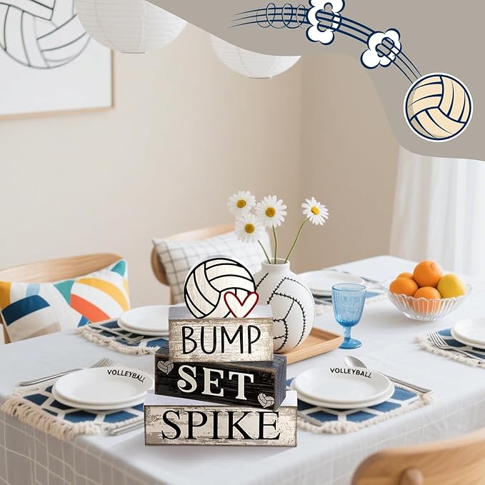 4 Pcs Volleyball Table Decorations Volleyballs Tiered Tray Decor Wooden Sign Centerpiece Farmhouse Decorative Faux Book Stack Block for Room Shelf Coffee Table Fireplace Mantel Shelf