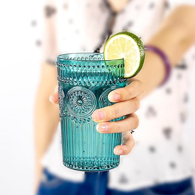 Ciaell 12 Pack Romantic Plastic Water Glasses - 14 Oz Green Vintage Drinking Glasses, Embossed Ribbed Plastic Cups, Textured Striped Set for Juice, Beverages, Beer, Cocktail