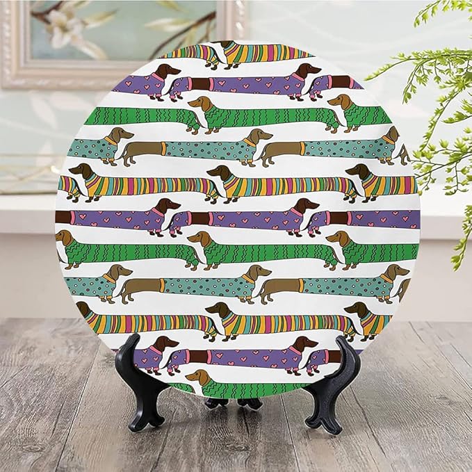 Ceramic Plates, Dog Lover Decorative Ceramic Plates, Cartoon Style Dachshunds Dressed in Pyjamas Chevron, 8 Inch, for Dining, Parties, Wedding, Multicolor