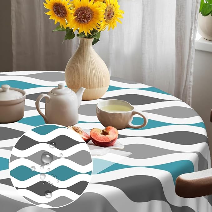 Laeacco 48 Inch Geometric Round Tablecloth Blue and Grey Waved Stripes Modern Abstract Art Print Table Cloth Washable Waterproof Wrinkle Free Table Cover for Kitchen Dining Picnic Party Decoration