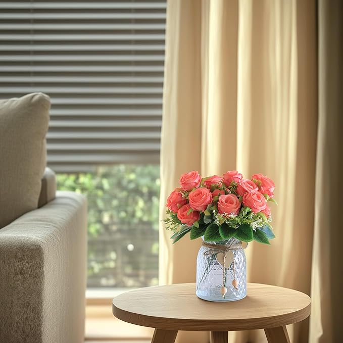 Fake Flowers in Vase,Fake Flowers with Vase 18 Pcs Faux Rose Flowers,Artificial Flowers for Home Decor, Indoor Centerpiece for Living Room & Dining Table (Pink)