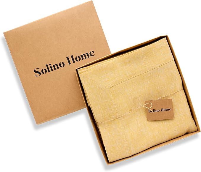 Solino Home Linen Tablecloth 60 x 90 Inch - 100% Pure Linen Chambray Mustard Yellow Table Cloth for Rectangular Tables - Athena, Machine Washable Cloth Tablecloth for Spring, Easter