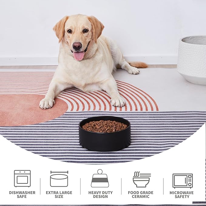 8'' Ceramic Dog Bowl - 70Oz, Heavy Duty, Non-Slip, Dishwasher Safe, Modern Style, Food Grade Stoneware Pet Bowl, Black