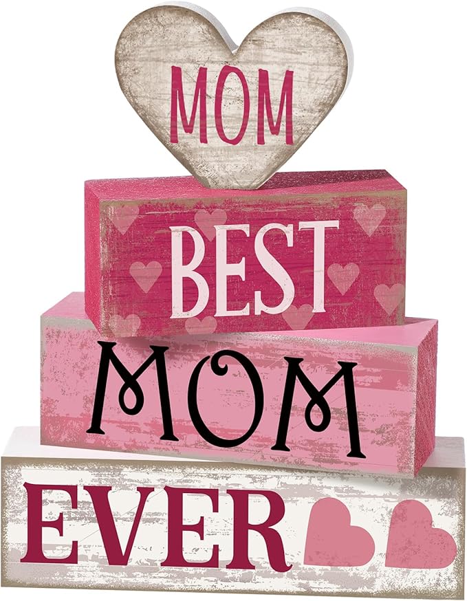 4 Pcs Mothers Day Table Decorations Mothers Day Tiered Tray Decor Mom Wooden Sign Mothers Day Centerpiece Decorative Faux Book Stack Block for Coffee Table Fireplace Mantel Floating Shelf