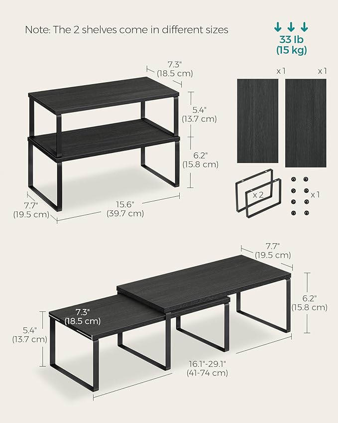 SONGMICS Cabinet Organizer Shelf, Set of 4 Kitchen Counter Shelves, Kitchen Storage, Spice Rack, Stackable, Expandable, Metal and Engineered Wood, Ink Black and Ebony Black UKCS028B01