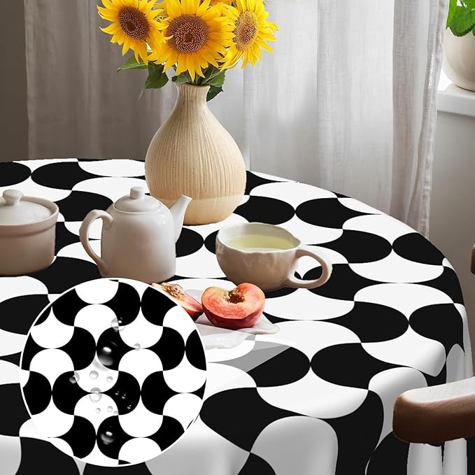 Laeacco 70 Inch Geometric Round Tablecloth Black and White Abstract Pattern Modern Art Print Table Cloth Washable Waterproof Wrinkle Free Table Cover for Kitchen Dining Picnic Party Decoration