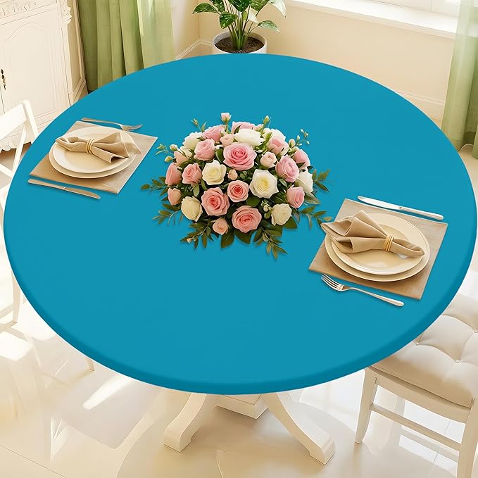 Round Spandex Tablecloth, Elastic Fitted Waterproof Tablecloths for 36"-44" Tables, Stretch Washable Picnic Table Cover for Camping, Dining, Indoor and Outdoor, Turquoise