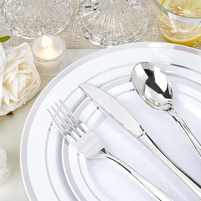 350 PCS White and Silver Plastic Dinnerware Set for 50 Guests, 100 Disposable Plates for Party, 50 Pre Rolled Napkins with Silver Silverware, 50 Cups
