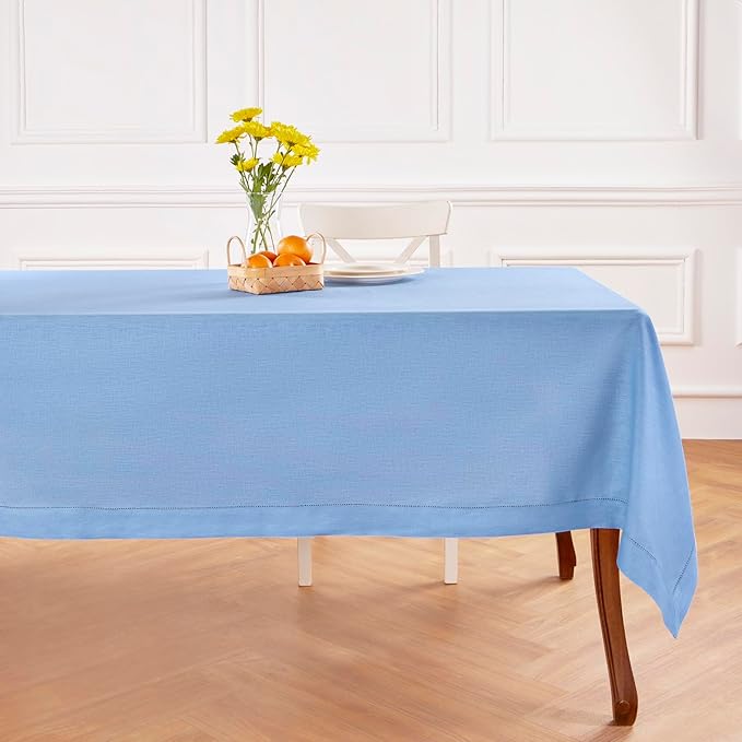 Solino Home Cornflower Blue Linen Tablecloth 60 x 108 Inch - 100% Pure Linen Hemstitch Table Cloth for Rectangle Tables - Classic Hemstitch, Washable Tablecloth for Spring, Easter