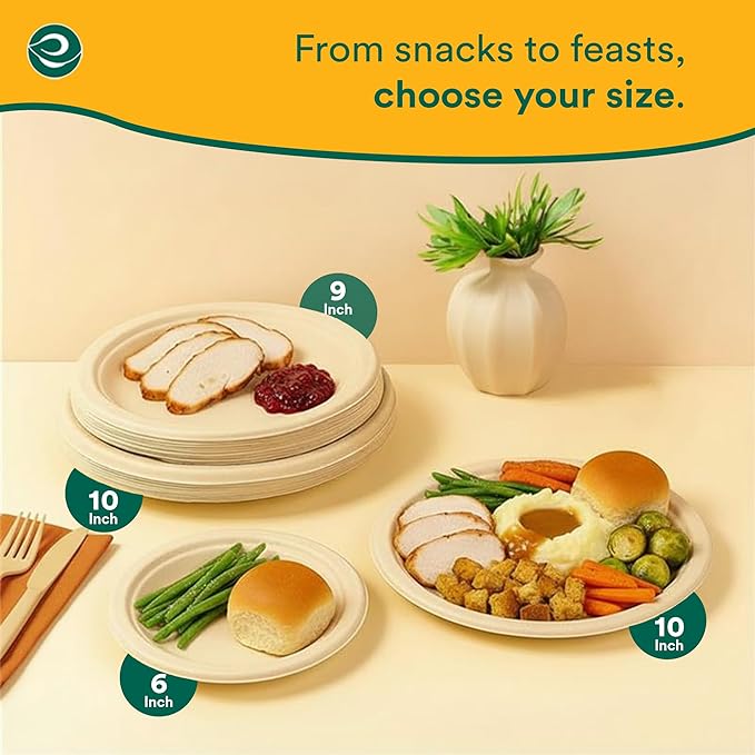 ECO SOUL Compostable Paper Plates 6 Inch (500 Count) Plates for Dessert, Heavy Duty, Eco-Friendly Sugarcane Bagasse Small Plates For Appetizer- Natural Brown