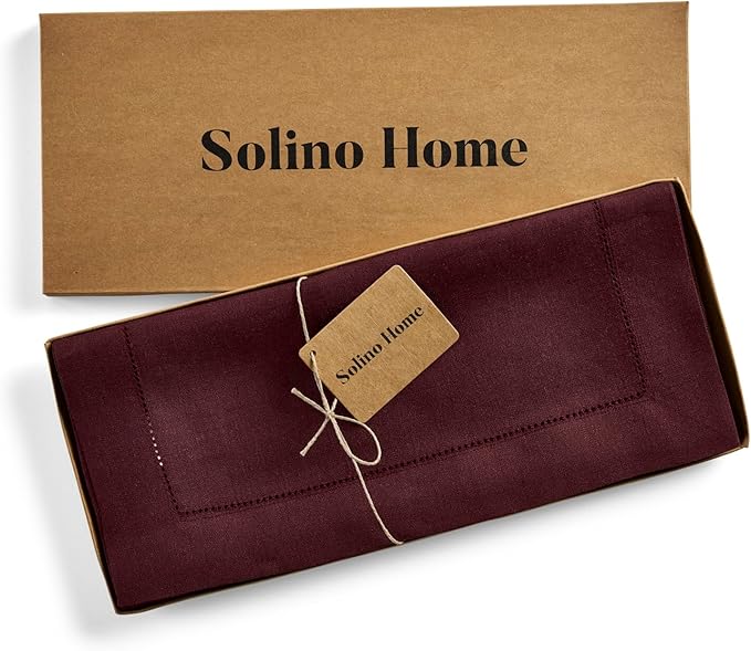 Solino Home Linen Burgundy Table Runner 132 Inches Long - 100% Pure Linen Extra Long Table Runner 14 x 132 Inch for Valentines, Winter - Classic Hemstitch