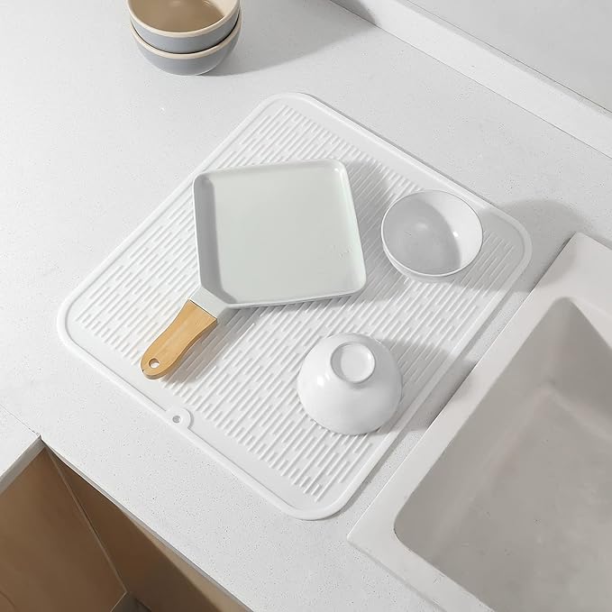 Silicone Dish Drying Mat for Multiple Usage,Easy clean,Eco-friendly,Heat-resistant Silicone Mat for Kitchen Counter or Sink,Refrigerator or Drawer Liner White 2XL 24 inches x 18 inches