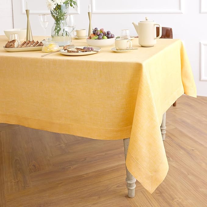 Solino Home Linen Tablecloth 60 x 90 Inch - 100% Pure Linen Chambray Mustard Yellow Table Cloth for Rectangular Tables - Athena, Machine Washable Cloth Tablecloth for Spring, Easter