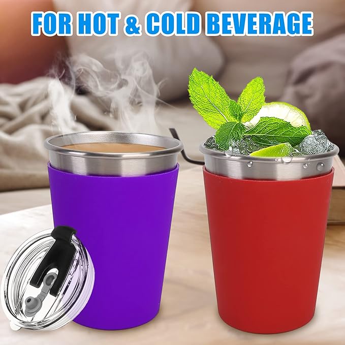 Kids Stainless Steel Cups, 12oz Kids Metal Drinking Glasses with Lids and Sleeves, Unbreakable Spill Proof Cups for Kid and Adult, Stacking Sippy Cups for Hot Chocolate & Cold Drinks 5Pack