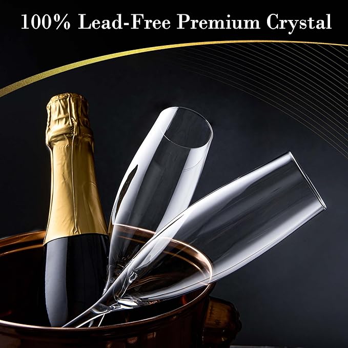 JBHO Champagne Glasses-Elegant Flutes-Gift-Box-Hand Blown Champagne Flutes Glass-100% Lead-Free Premium Crystal - Gift Idea for Wedding, Anniversary, Christmas,New Year-Set of 4-8oz, Clear