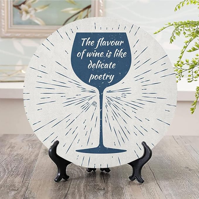 Ceramic Display Plate, Wine Ceramic Hanging Decorative Plate, Wine Glass and Vintage Sun Burst Frame, 6 Inch, Living Room Kitchen Decoration Household, Night Blue White