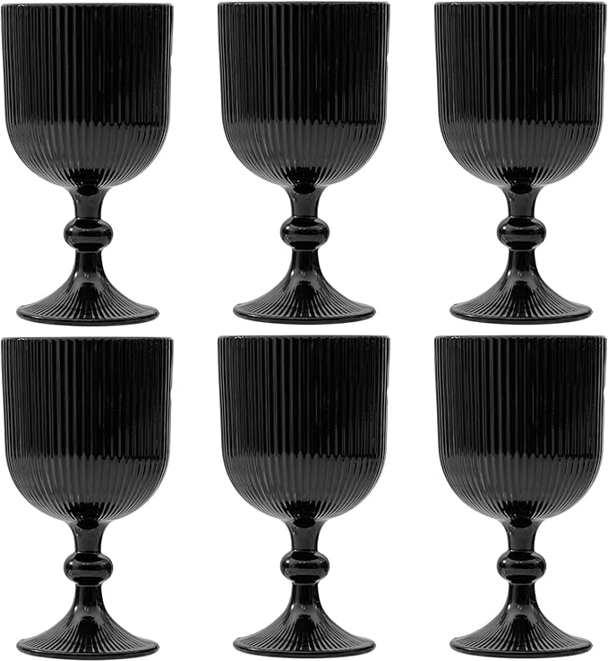 Black Vintage Wine Glasses Set of 6, 11 Ounces Colored Glass Water Goblets, Unique Embossed Pattern High Clear Stemmed Glassware Wedding Party Bar Glass Drinking Cups Fancy Glasses Hand Wash Only