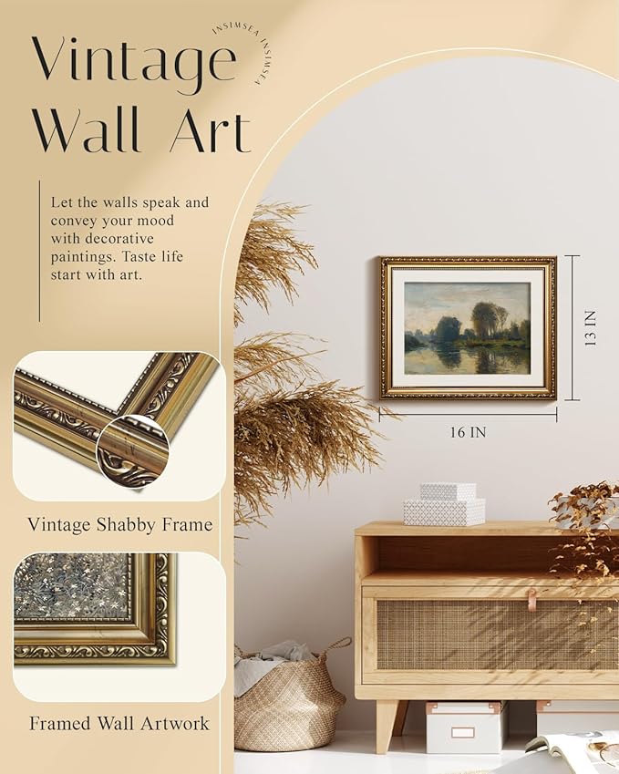 InSimSea Gold Picture Framed Wall Art, Living Room Vintage Lakeside Wall Decor, Nature River Landscape Canvas Print Art, Home Farmhouse Decor, Antique Paintings with Frame 13x16inch