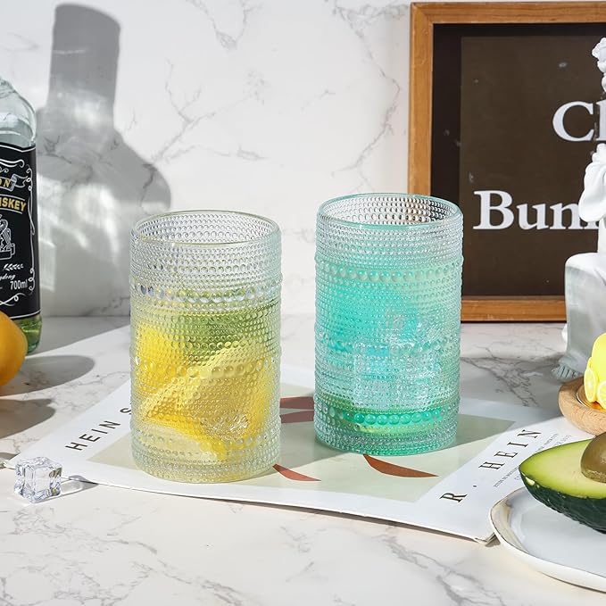 Moretoes Hobnail Drinking Glasses Set of 6,12 Oz Highball Glasses Clear Embossed Boho Water Glass Cups Kitchen Bar Tumbler Glassware Set for Whiskey, Beer, Juice, Milk and Various Mixed Drinks (Clear)