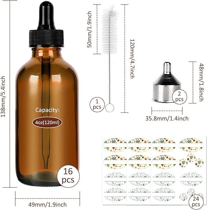 CycleMore 16 Pack (120 ml) 4 oz Amber Glass Boston Bottles with Glass Eye Droppers, Dropper Bottles for Essential Oils & Lab Chemicals & More Liquids Ideal for Mom & Friends