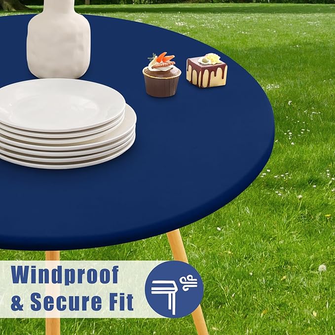 Round Spandex Tablecloth, Elastic Fitted Waterproof Tablecloths for 31"-35" Tables, Stretch Washable Picnic Table Cover for Camping, Dining, Indoor and Outdoor, Navy