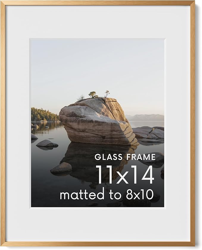 HAUS AND HUES 11x14 Picture Frame with Real Glass & Brass Premium-Grade Metal Matted to 8x10 - Aluminum 11x14 Picture Frame - Includes Hanging Kit - Ideal for Home, Office (11x14 in, Brass)