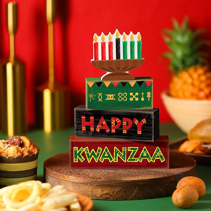 4 Pcs Happy Kwanzaa Table Decorations Kwanzaa Tiered Tray Decor Rustic African Candlestick Wood Block Tabletop Sign Gift Centerpiece Farmhouse Table Decor for Home Office Party Supplies
