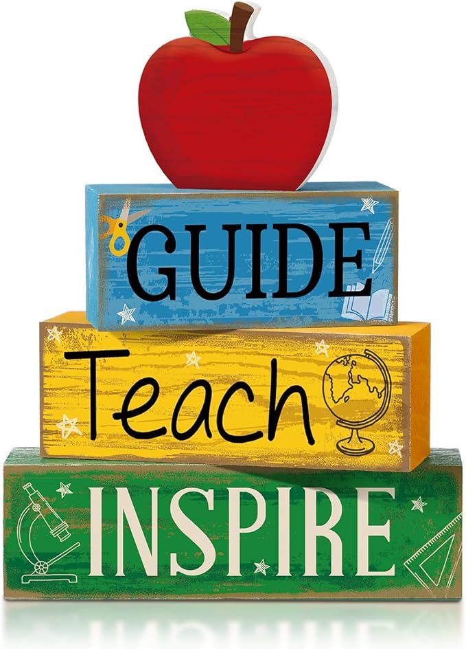 4 Pcs Back to School Table Decoration Apple Tiered Tray Decor End of School Year Teacher Appreciation Gift Decorative Apple Block Sign Centerpiece First Day Decor for Office Classroom