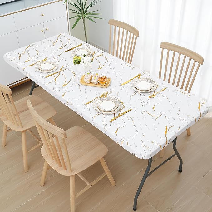 Smiry Rectangle Table Cloth Cover, Waterproof Elastic Fitted Picnic Tablecloth for 4 Foot Tables, Wipeable Flannel Backed Vinyl Tablecloths for Camping, Dining, Outdoor (White, 24" x 48")