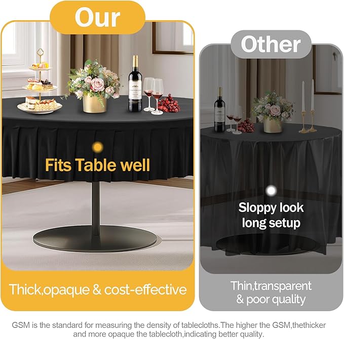 2 Pack Black Spandex Round Tablecloths for 72in Table, Stretchy Fitted 6FT Round Table Cloths, Wrinkle Free Table Cover with Skirt for Wedding Birthday Party Bridal Shower Banquet