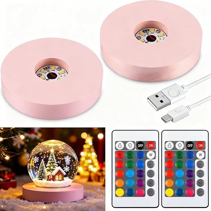 2 Pcs Light LED Base Wood LED Display Base for Glass Art Valentine Decor Crystal Acrylic Resin, 16 Colored USB Light with Remote Wooden Round Lamp Stand for 3D Crystal Ball Room Home Decor(Pink)