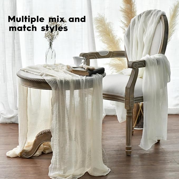 Artoid Mode Boho Beige Gauze 6 Pieces Wedding Table Runner, 120 Inch Birthday Fabric Kitchen Dining Holiday Table Decor for Home Party Indoor