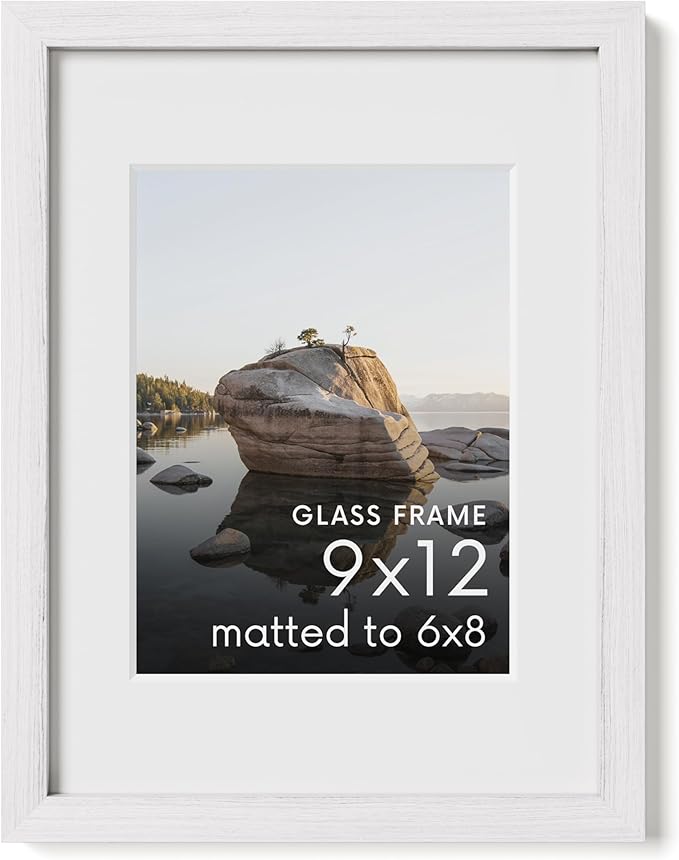 HAUS AND HUES 9x12 Picture Frame with Real Glass and White American Oak Matted to 6x8 - Oak 9x12 White Frame - Includes Vertical & Horizontal Hang - Ideal for Home, Room, Office (9x12 in, White)