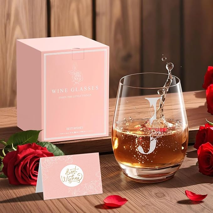 Valentines Day Gifts for Her, Gifts for Women Her Friend Mom Grandma Wife Sister Bridesmaid Nurse, Birthday Galentines Mothers Day Christmas, Personalized Initial Customized Wine Glasses 18OZ(J)