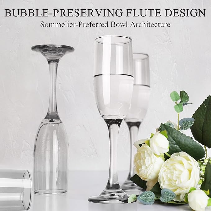 Champagne Flutes Glasses Set of 6-6oz Elegant Crystal Glass, Classic Long Stem Clear Champagne Flute Gift for Wedding, Anniversaries, Parties, Birthday, Restaurant, Home Bar