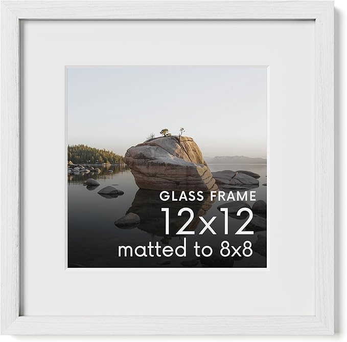 HAUS AND HUES 12x12 Picture Frame with Real Glass & White American Oak Matted to 8x8 - Oak 12x12 Frame With Mat - Includes Vertical & Horizontal Hang - Ideal for Home, Room, Office (12x12 in, White)
