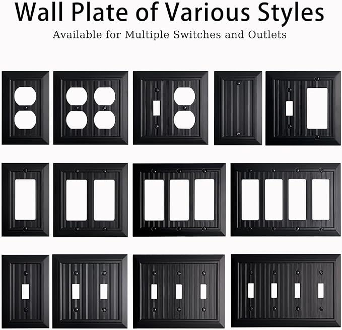 Beadboard Outlet Covers Wall Plates, Bamboo Fiber Light Switch Covers, Natural Material Electric Receptacle Decorative Switch Plate Outlet Cover Matte Black (2 Gang Duplex 2 Pack)