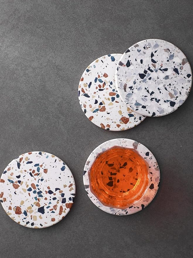 LIFVER Absorbent Drink Coasters with Holder, Set of 6 Ceramic Coasters Set with Cork Base, for Kinds of Drinking Glasses, 4 Inches Stone Coasters for Home Decor, White Elephant Gifts for Adults